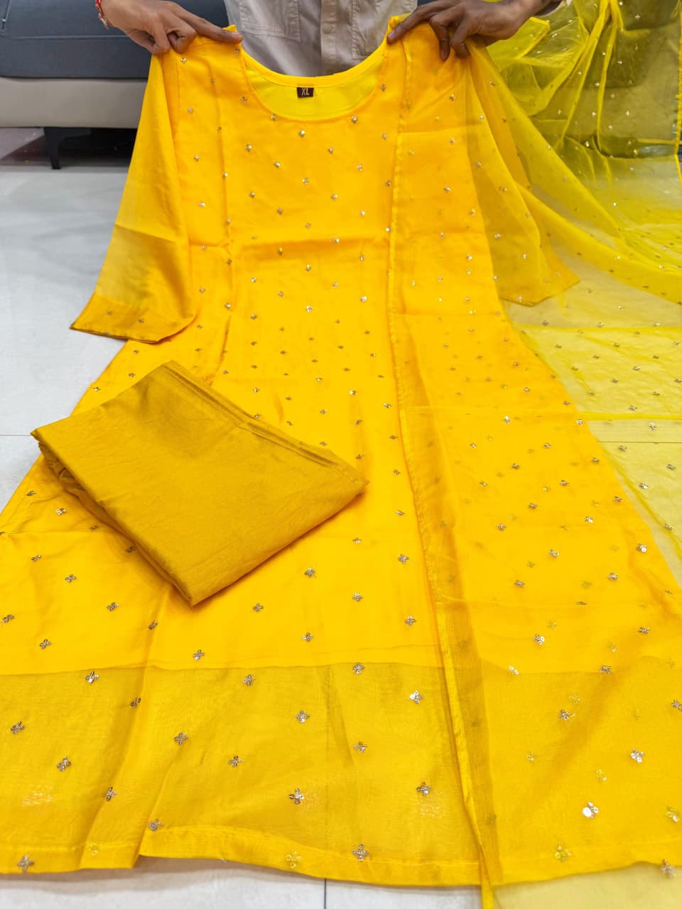 Sunshine Yellow Embroidered Organza Kurta Set with Dupatta