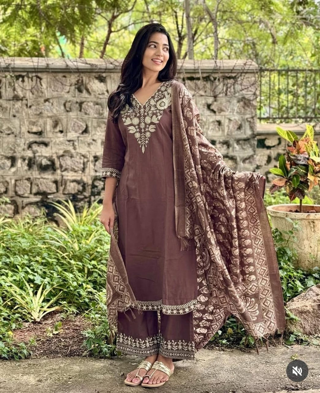 Elegant Brown Printed Kurta Set with Dupatta