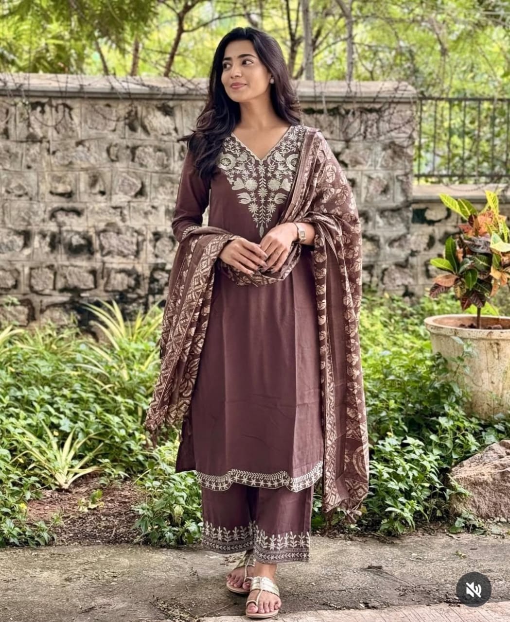 Elegant Brown Printed Kurta Set with Dupatta