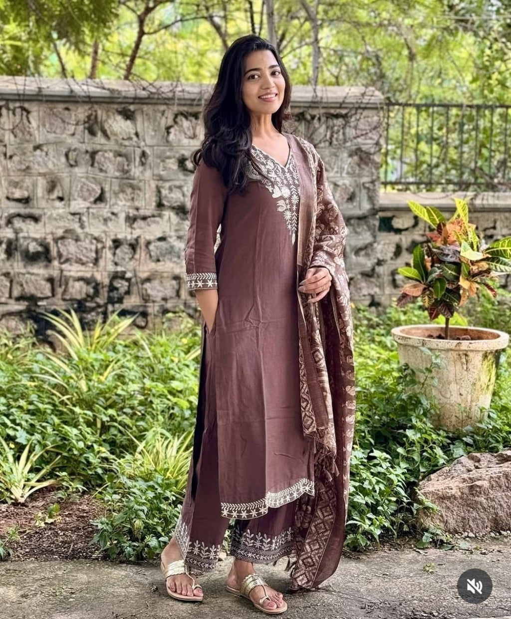 Elegant Brown Printed Kurta Set with Dupatta