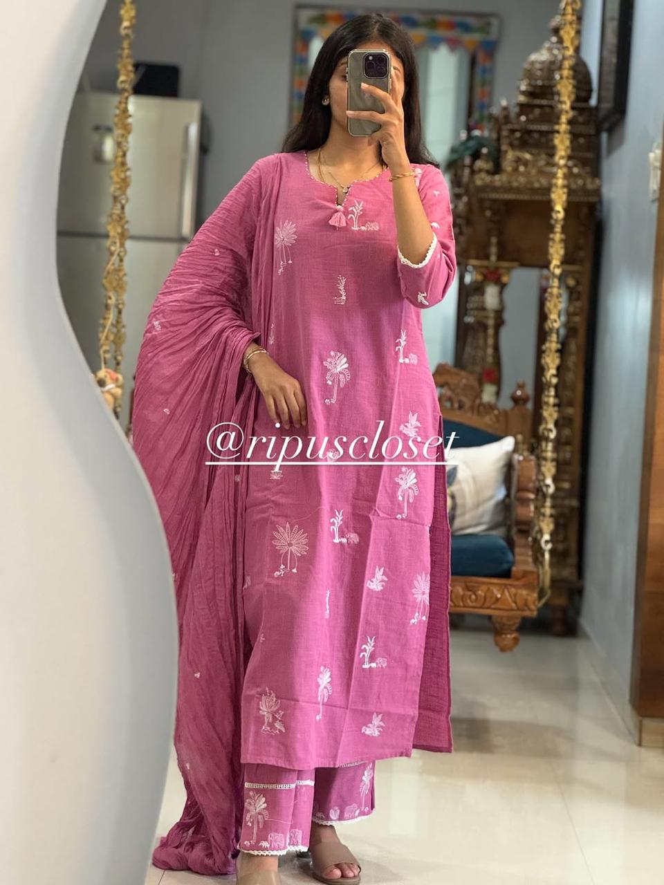 Elegant Pink Handblock Printed Kurta Set with Dupatta