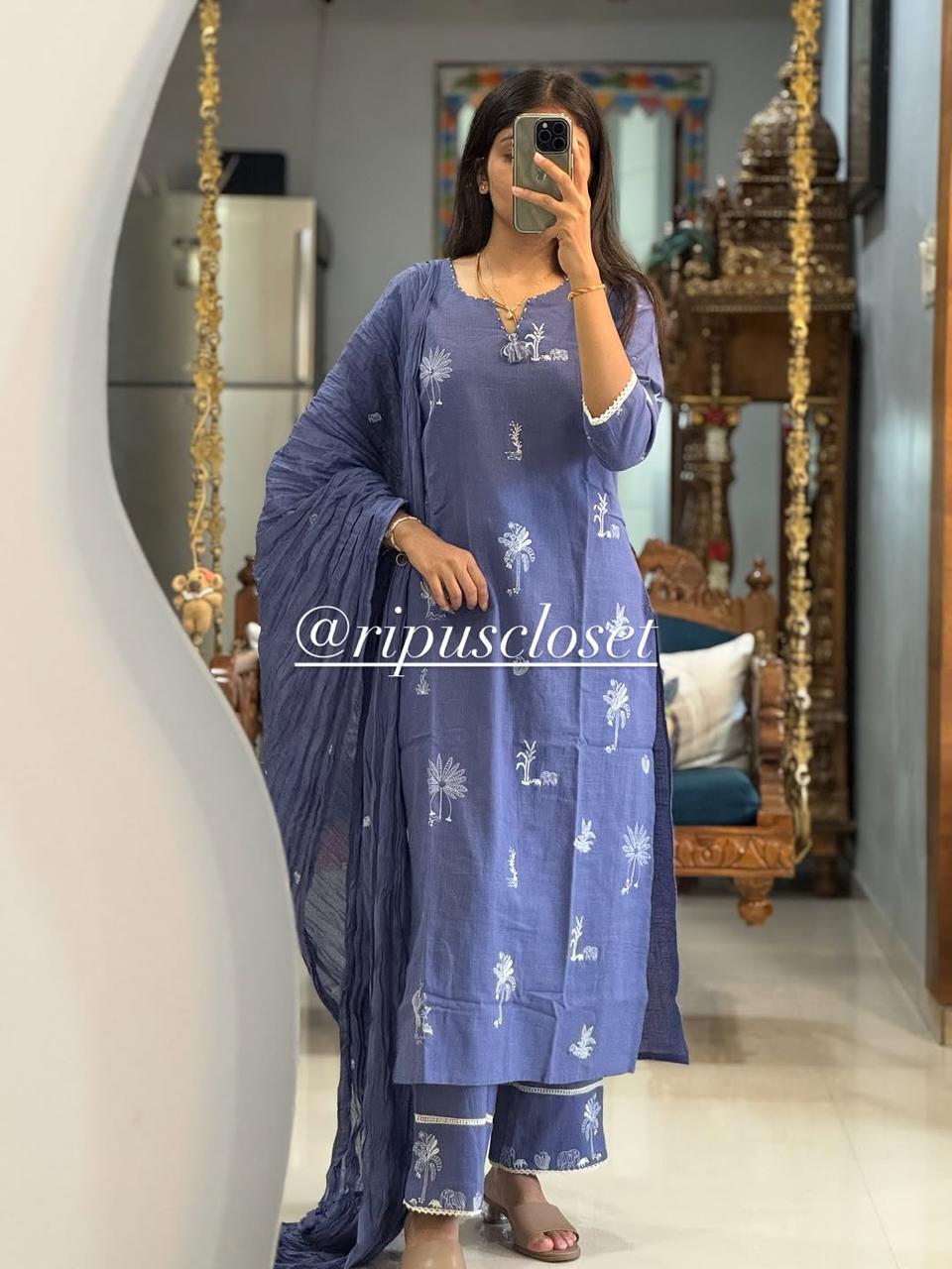 Elegant Steel Blue Handblock Printed Kurta Set with Dupatta