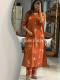 Elegant Rust Orange Handblock Printed Kurta Set with Dupatta