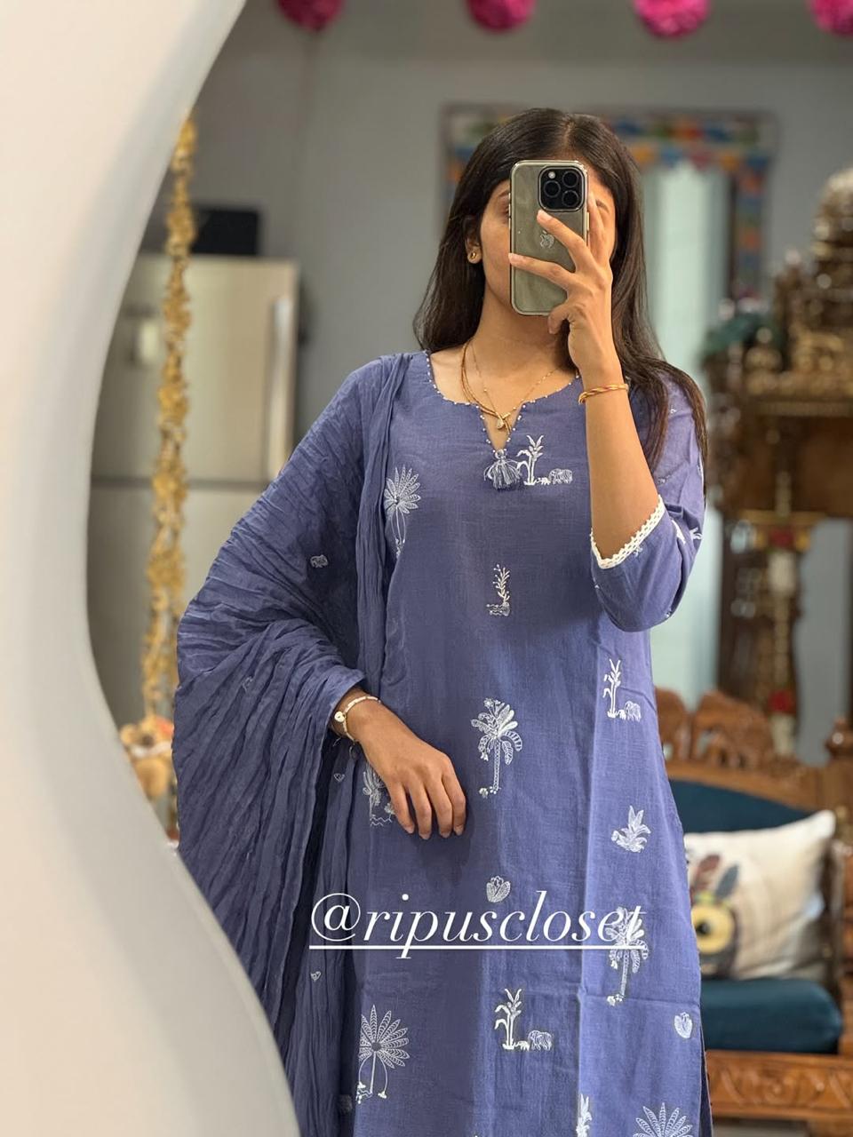 Elegant Steel Blue Handblock Printed Kurta Set with Dupatta