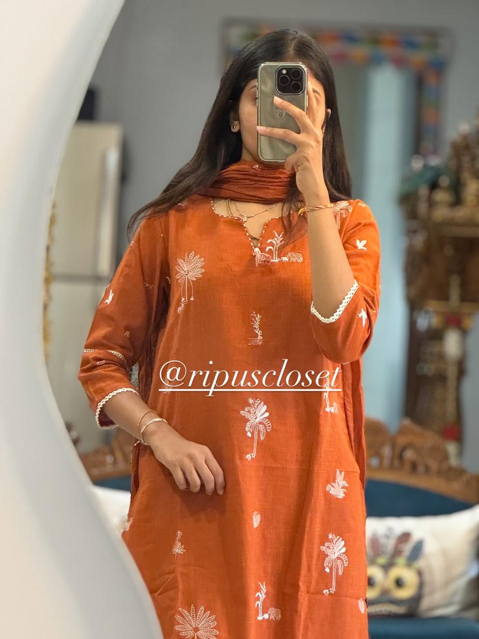 Elegant Rust Orange Handblock Printed Kurta Set with Dupatta