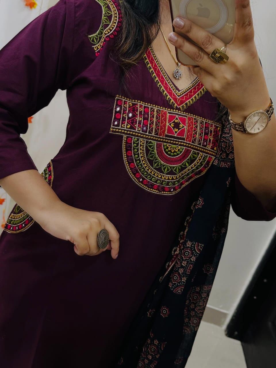 Elegant Wine Embroidered Kurta Set with Printed Dupatta