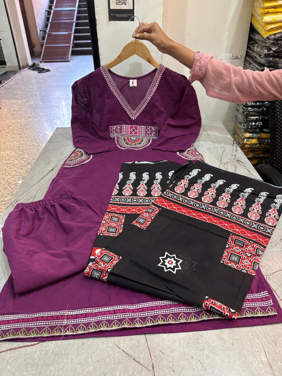 Elegant Wine Embroidered Kurta Set with Printed Dupatta