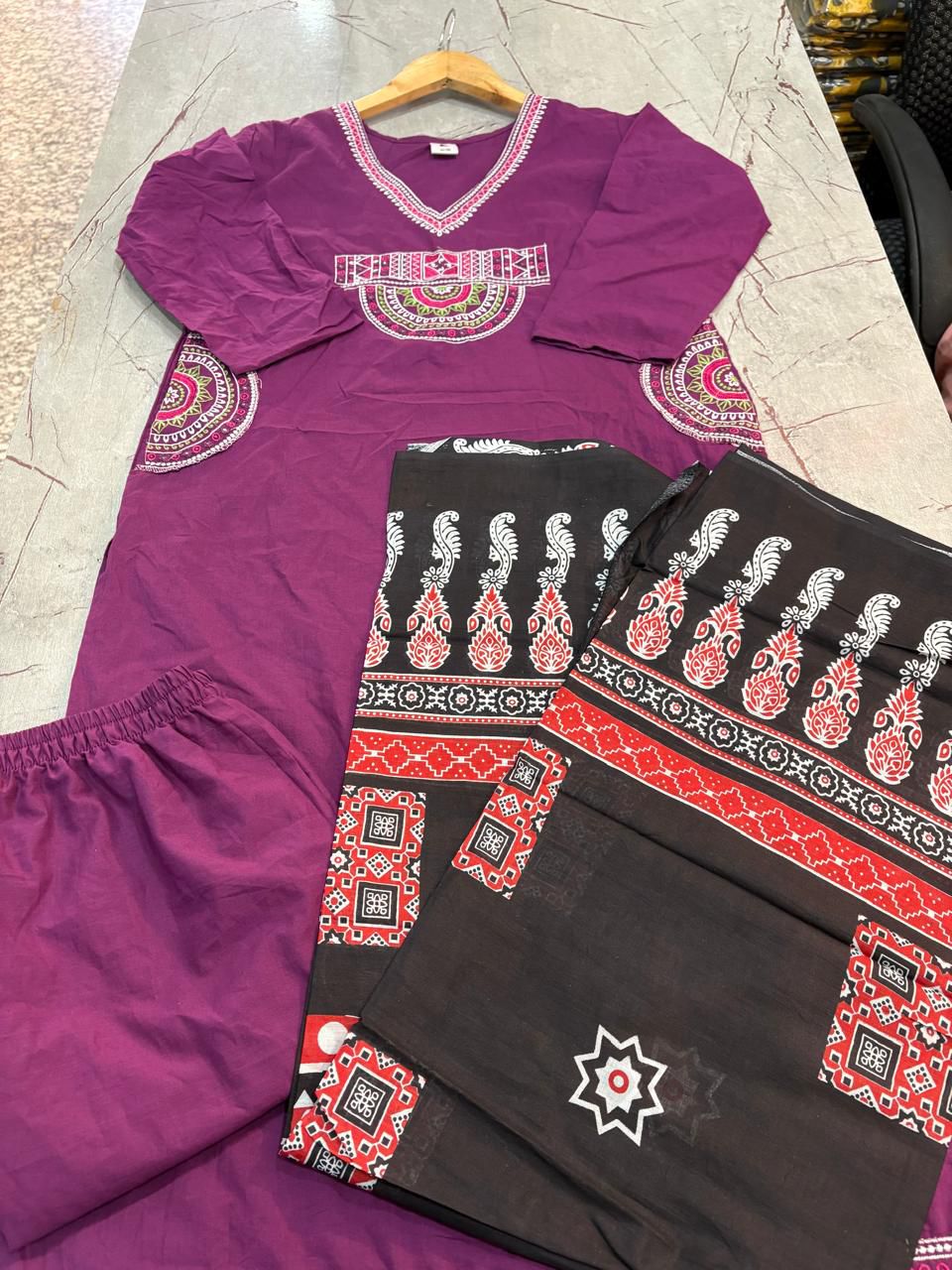 Elegant Wine Embroidered Kurta Set with Printed Dupatta