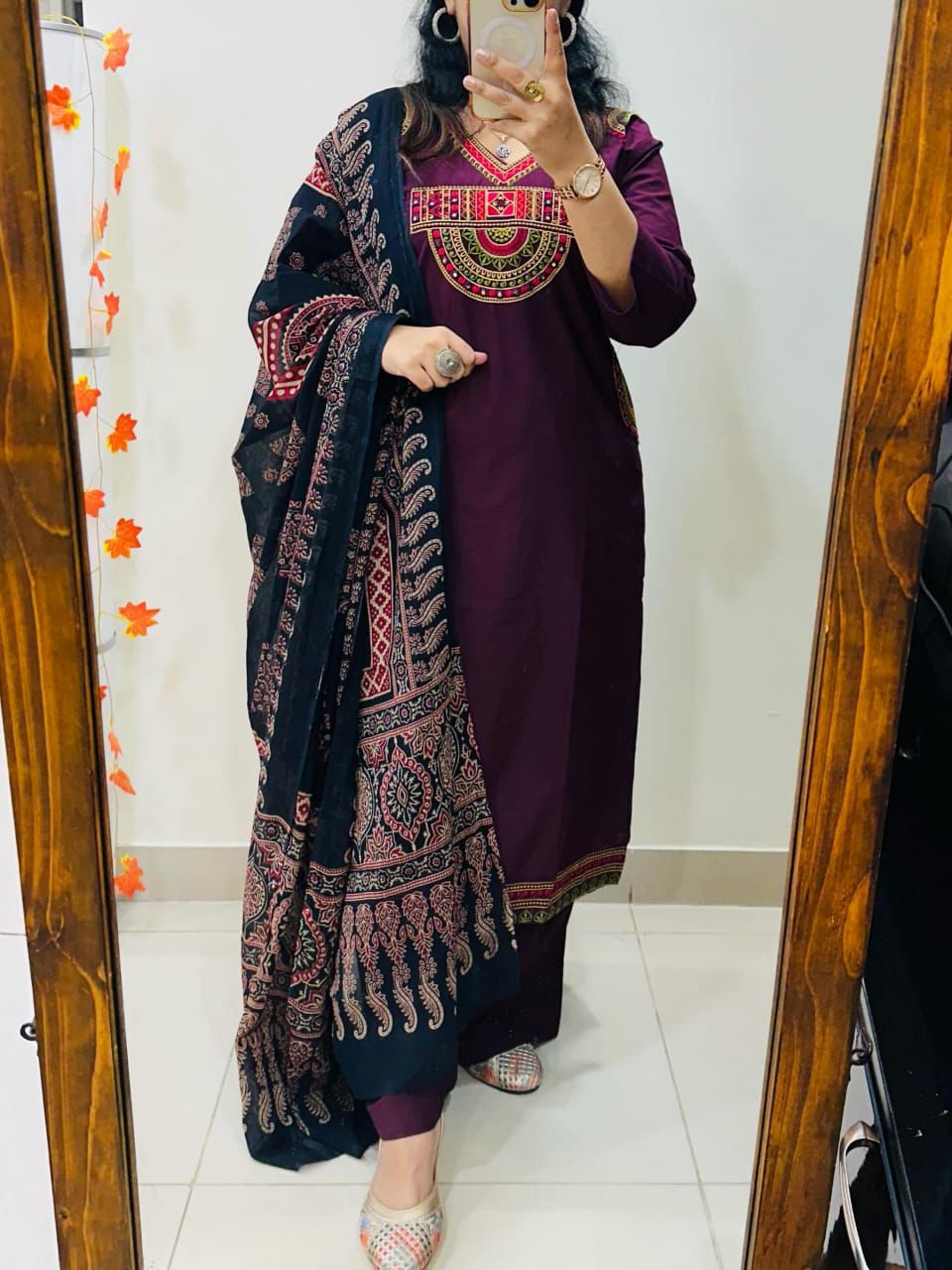Elegant Wine Embroidered Kurta Set with Printed Dupatta