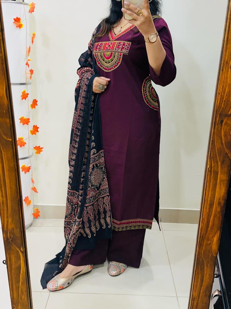 Elegant Wine Embroidered Kurta Set with Printed Dupatta