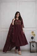 Elegant Wine Embroidered Anarkali Kurta Set with Dupatta