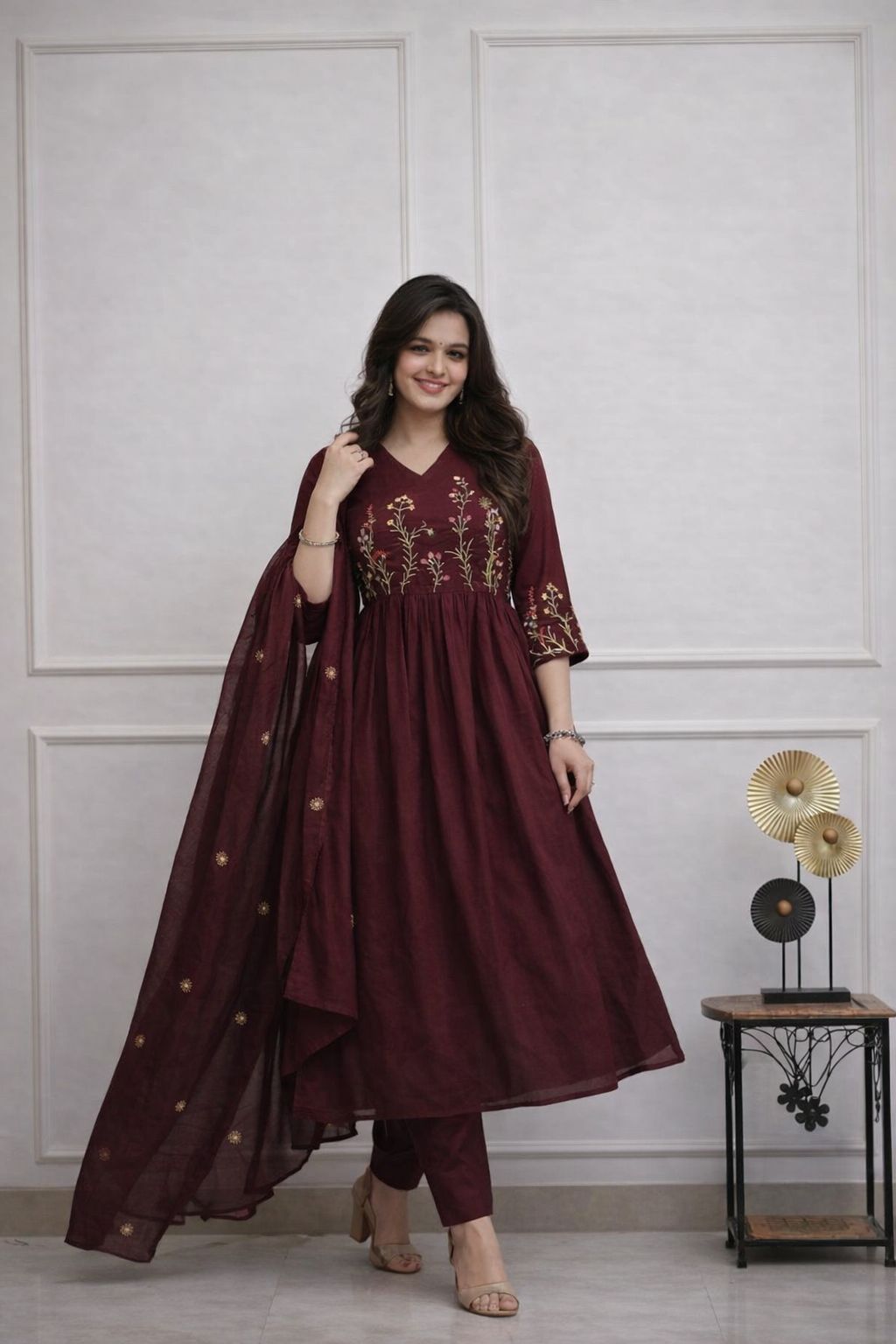 Elegant Wine Embroidered Anarkali Kurta Set with Dupatta