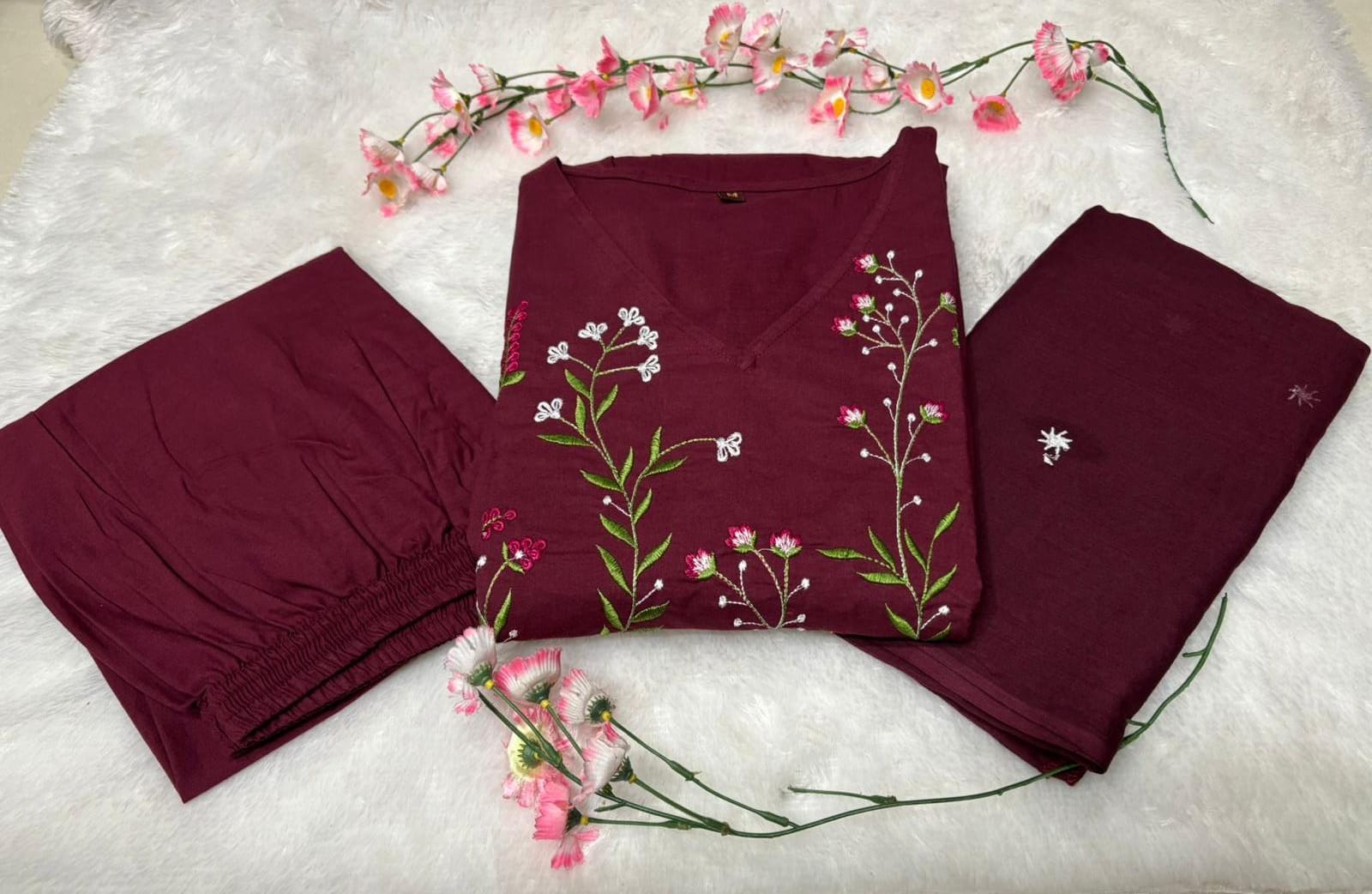 Elegant Wine Embroidered Anarkali Kurta Set with Dupatta