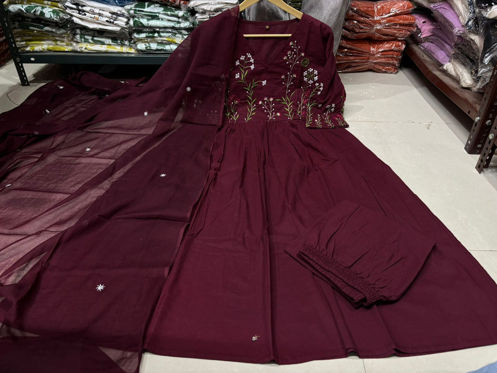 Elegant Wine Embroidered Anarkali Kurta Set with Dupatta