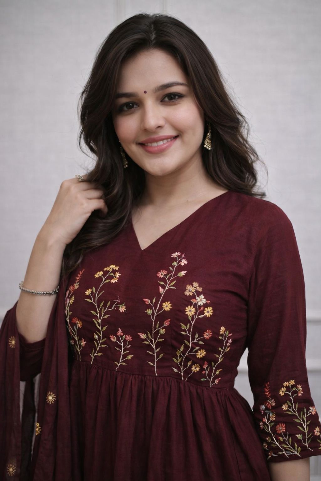 Elegant Wine Embroidered Anarkali Kurta Set with Dupatta