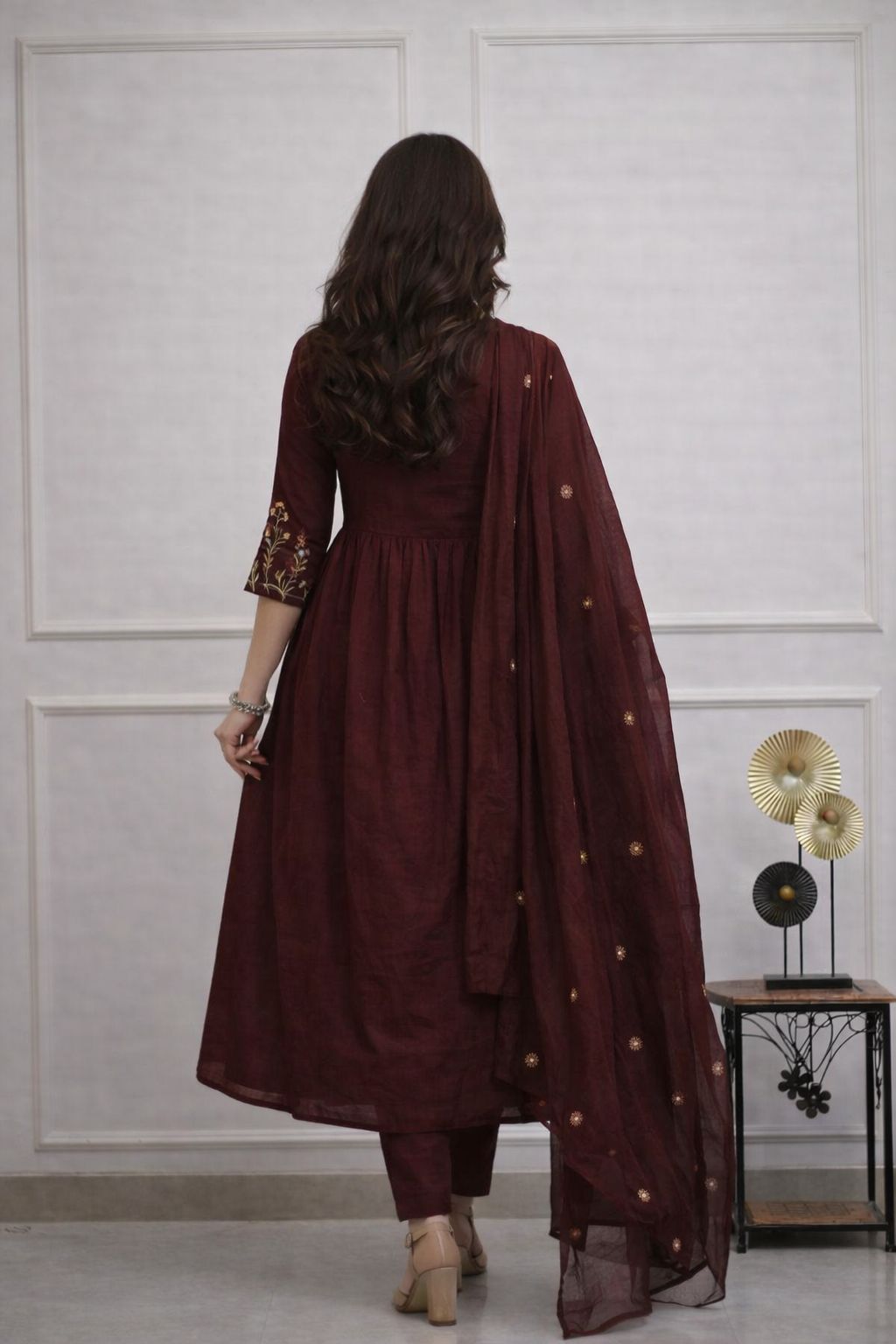 Elegant Wine Embroidered Anarkali Kurta Set with Dupatta