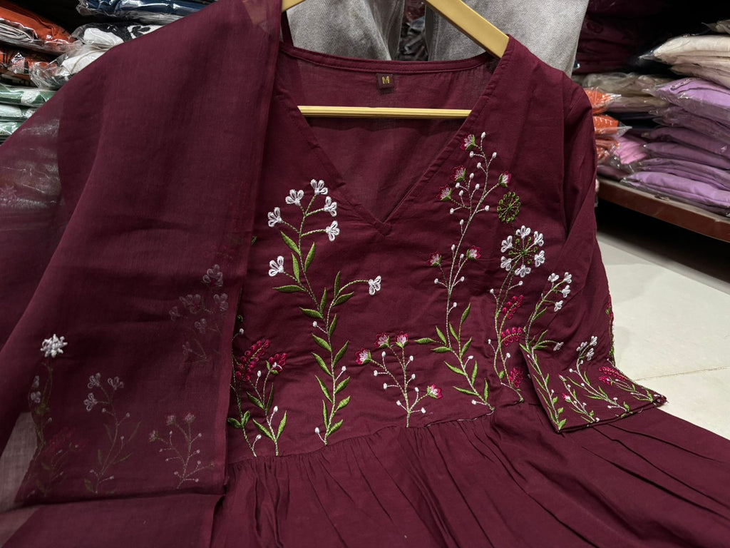 Elegant Wine Embroidered Anarkali Kurta Set with Dupatta