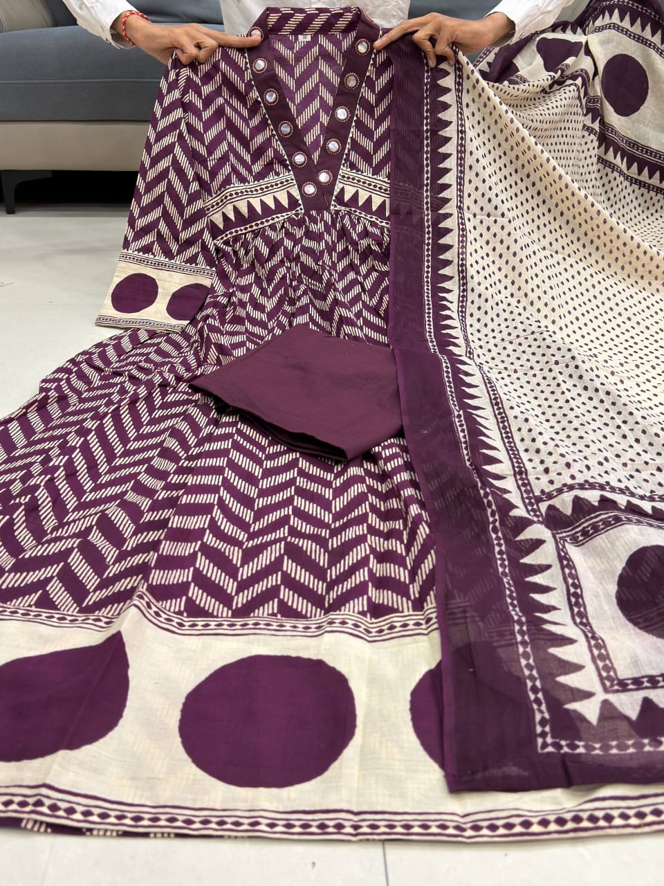 Elegant Wine Printed Anarkali Kurta Set with Dupatta