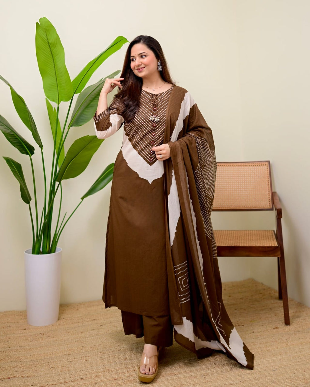 Elegant Brown Printed Kurta Set with Dupatta