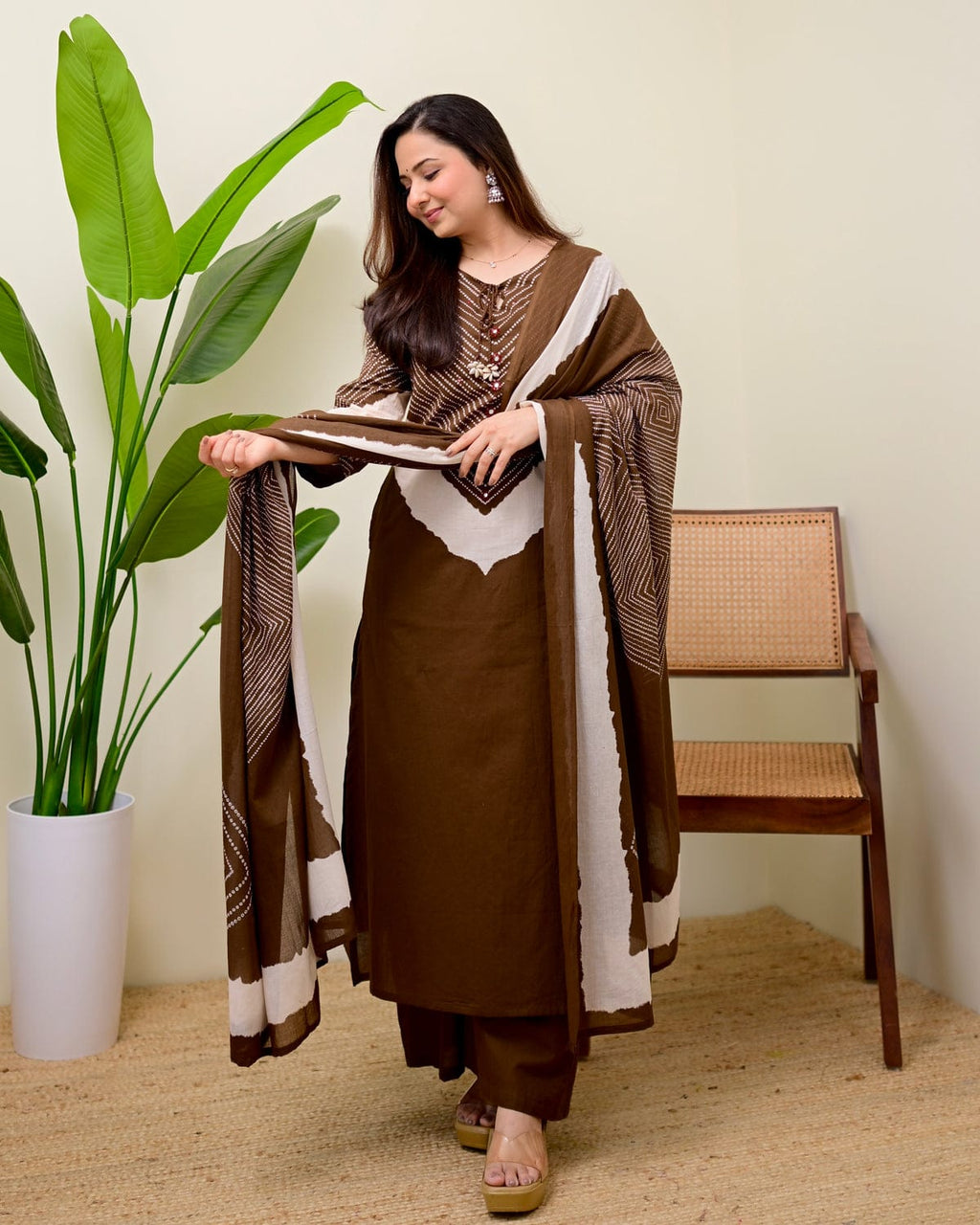 Elegant Brown Printed Kurta Set with Dupatta