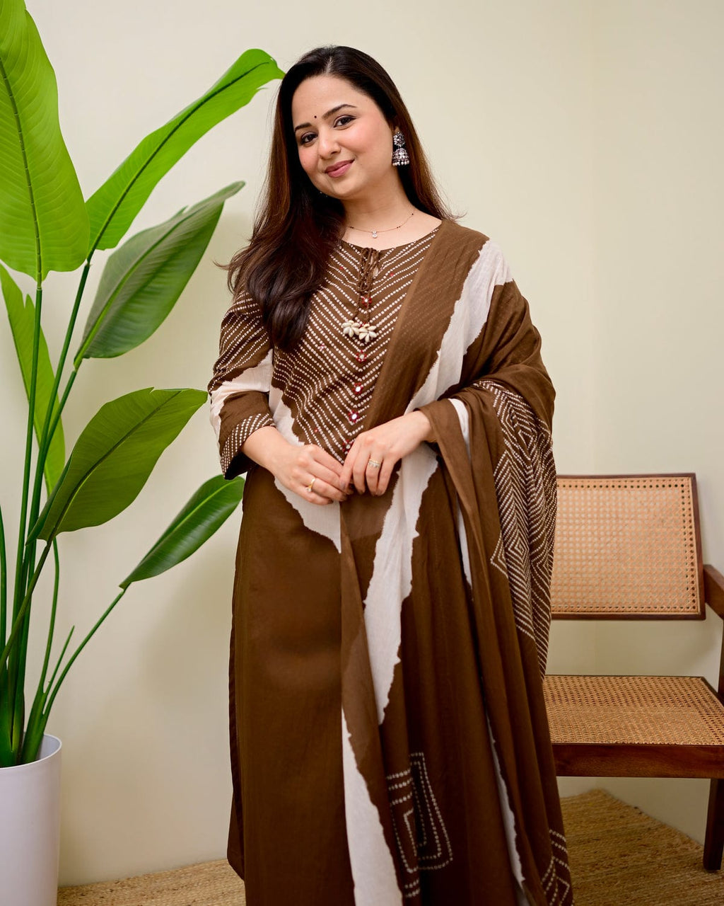 Elegant Brown Printed Kurta Set with Dupatta
