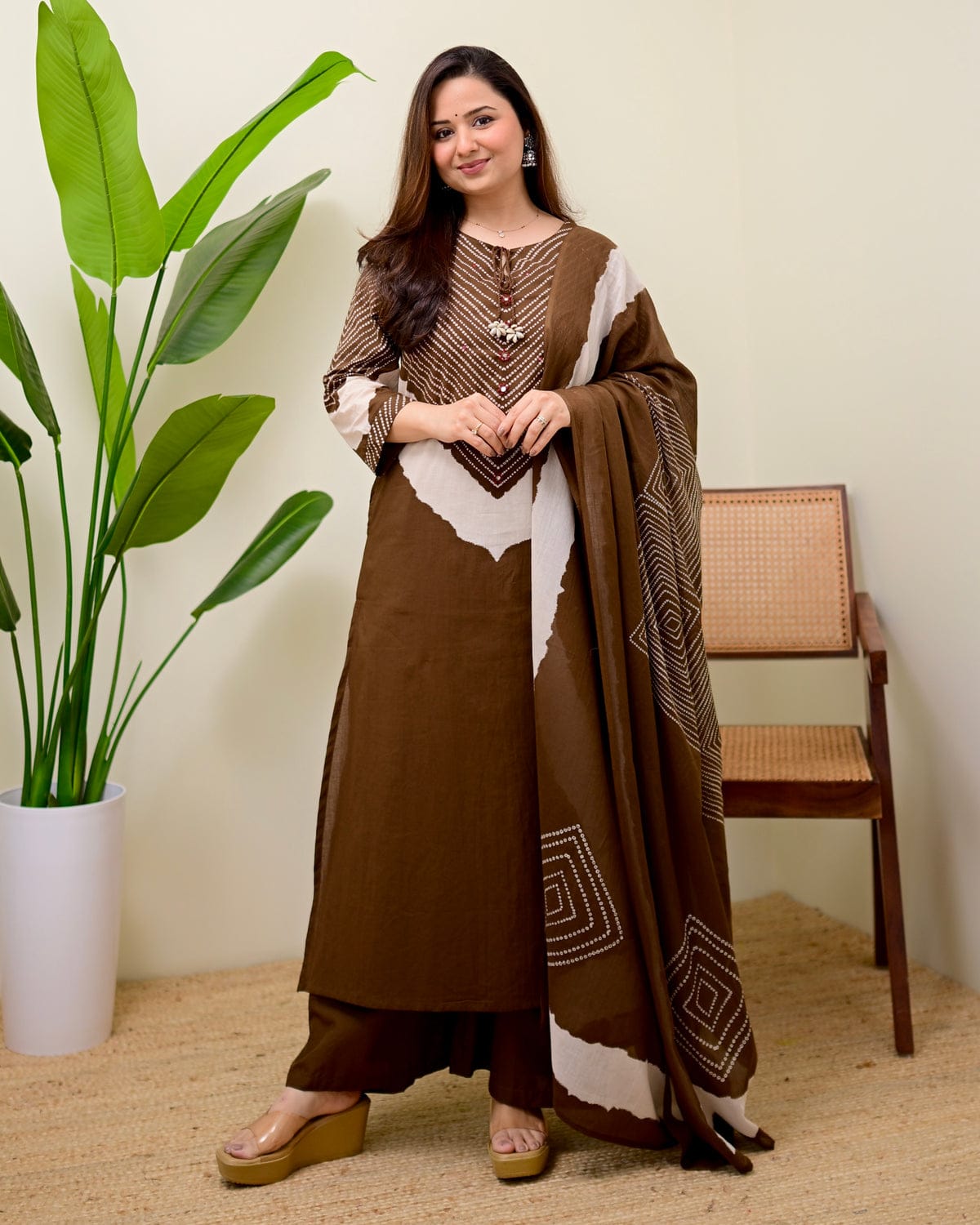 Elegant Brown Printed Kurta Set with Dupatta