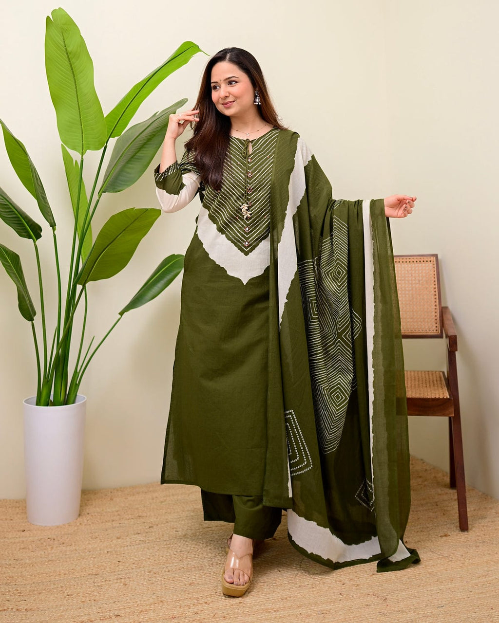 Elegant Olive Green Printed Kurta Set with Dupatta  Description: