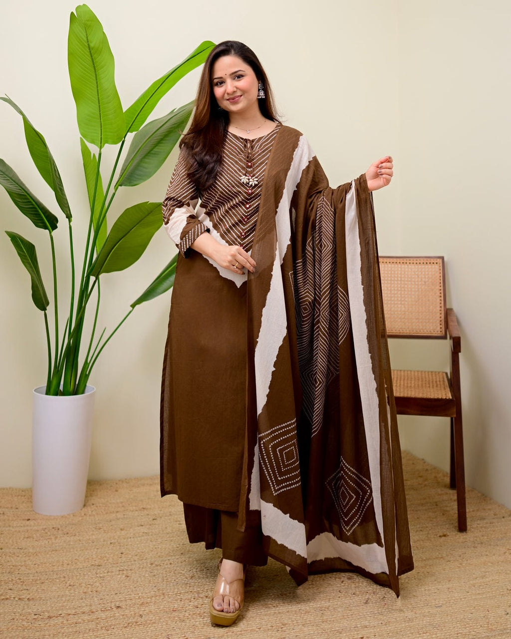Elegant Brown Printed Kurta Set with Dupatta