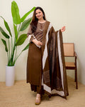 Elegant Brown Printed Kurta Set with Dupatta