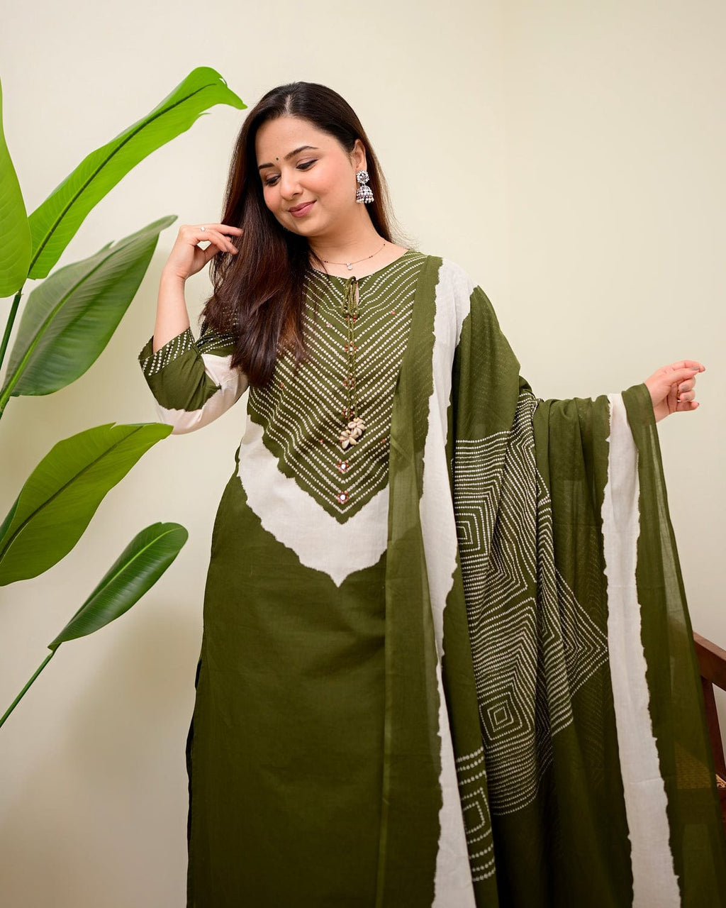 Elegant Olive Green Printed Kurta Set with Dupatta  Description: