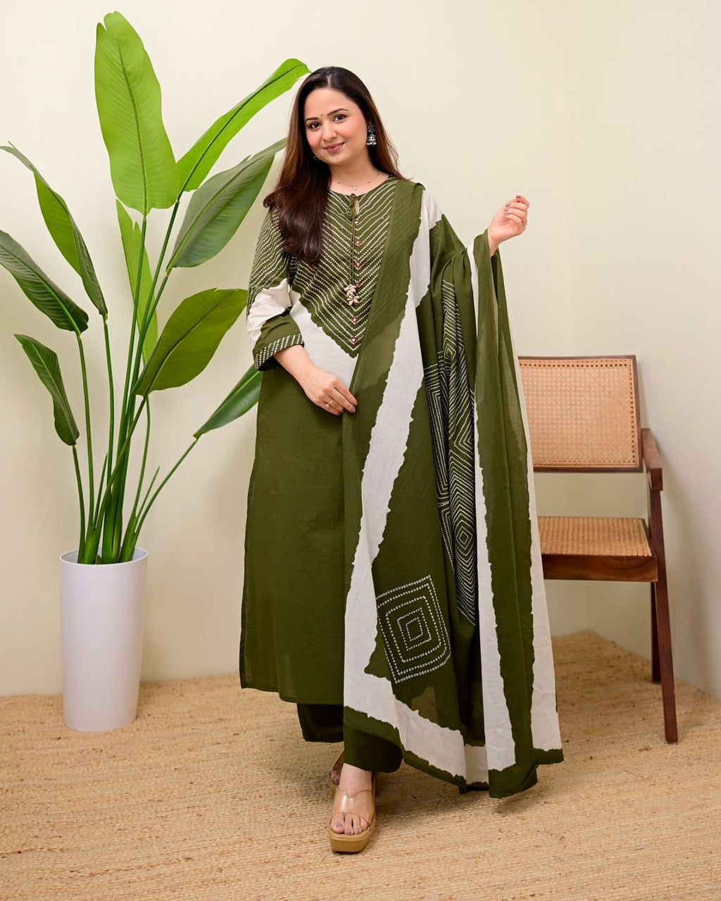 Elegant Olive Green Printed Kurta Set with Dupatta  Description: