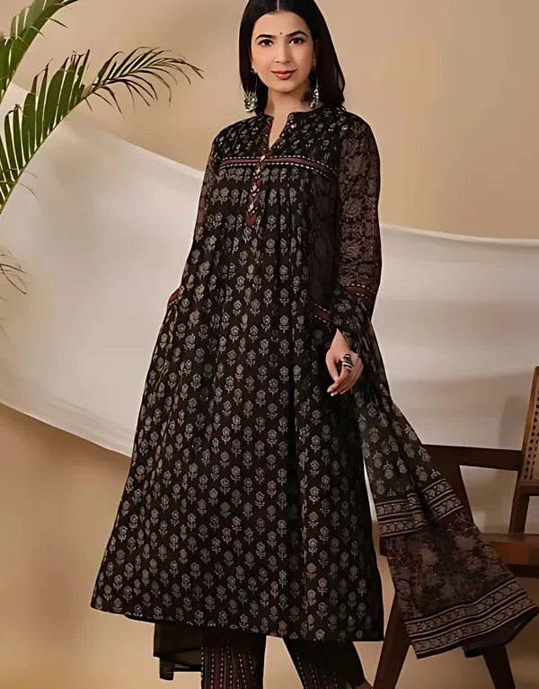Black Traditional Block Print A-Line Kurta Set with Dupatta