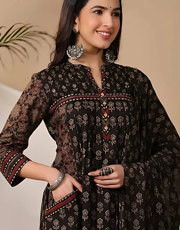 Black Traditional Block Print A-Line Kurta Set with Dupatta