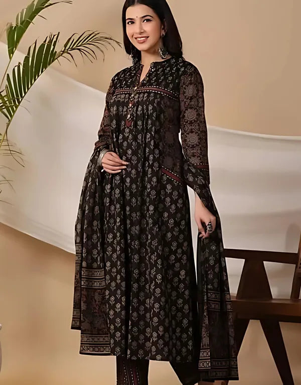 Black Traditional Block Print A-Line Kurta Set with Dupatta