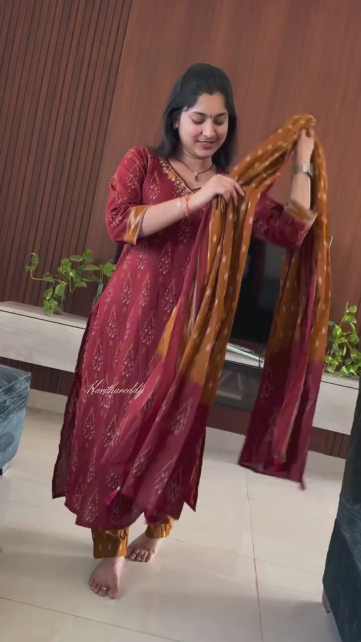 Azarak Cotton Ikat Print Kurti Set with Pant & Dupatta – Premium Ethnic Wear